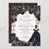 エレガントなブラックとローズゴールドの花のキンセアニエラ招待状 招待状 (正面/裏面)
