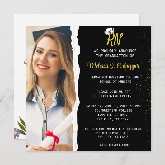 エレガントなブラックの写真を使った看護学卒業式 招待状 (正面/裏面)