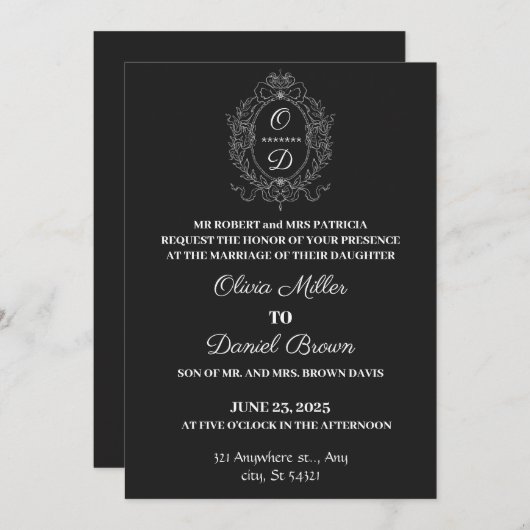 エレガントなブラックの結婚式、華麗な花のフレーム 白 招待状 (正面/裏面)