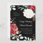 エレガントなブラックの花のクリスマスフォトウェディング 招待状 (正面)