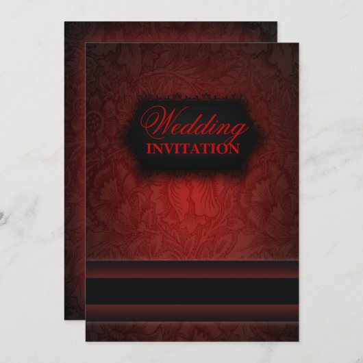 エレガントなブラックの赤いダマスクフォーマルウェディング招待状 招待状 (正面/裏面)