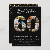 エレガントなブラックの60歳の誕生日写真コラージュ 招待状 (正面/裏面)
