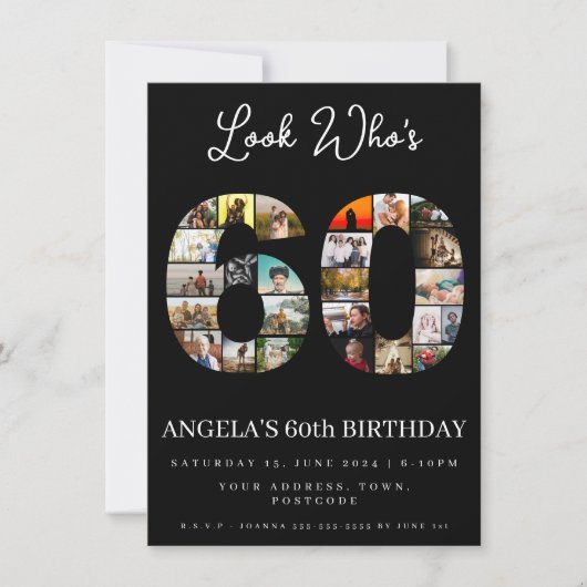 エレガントなブラックの60歳誕生日写真コラージュ 招待状 (正面)
