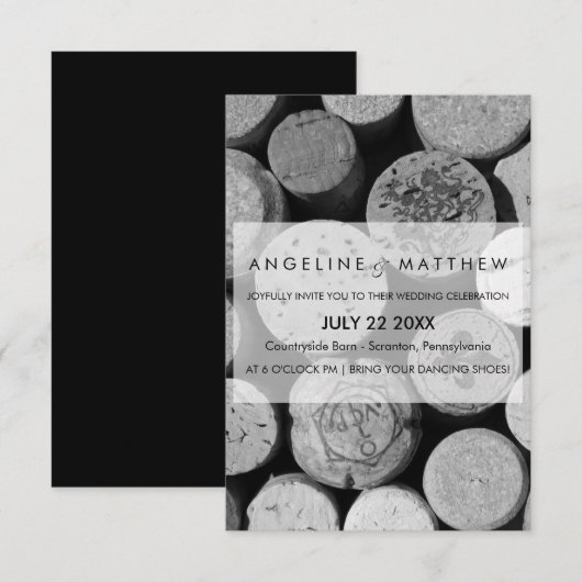 エレガントなブラックアンドホワイトのワイン栓 結婚式のカード 招待状 (正面/裏面)