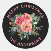 エレガントなブラックウィンターフローラル | クリスマスホリデー ラウンドシール (正面)