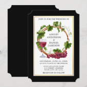 エレガントなブラックウォーターカラー葡萄のリース結婚式 招待状 (正面/裏面)