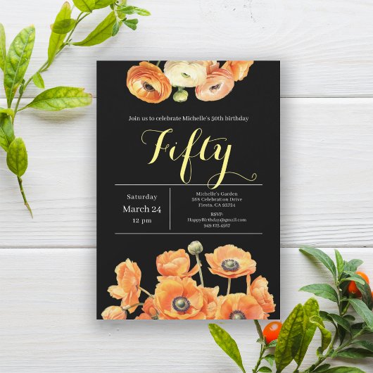 エレガントなブラックオレンジの花の50歳の誕生日パーティー 招待状