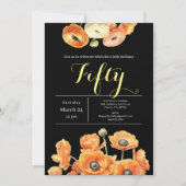 エレガントなブラックオレンジの花の50歳の誕生日パーティー 招待状 (正面)