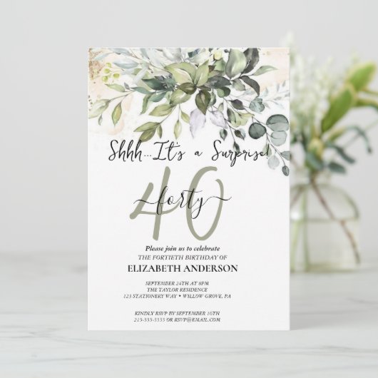 エレガントなブラックカリグラフィーサプライズパーティー 招待状 (スタンド正面)