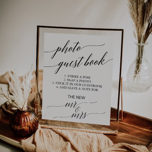 エレガントなブラックカリグラフィー写真ゲストブック ポスター