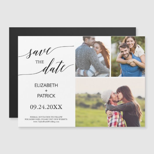 エレガントなブラックカリグラフィー3枚の写真でおめでとう マグネット招待状 (正面/裏面)