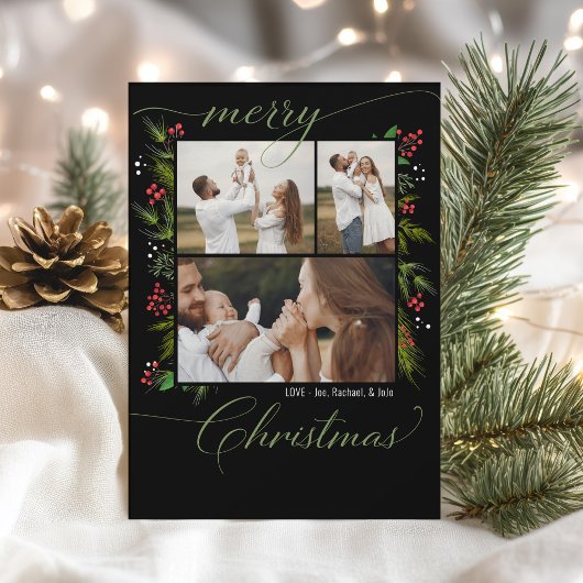 エレガントなブラッククリスマスの緑のリース4枚の写真 シーズンカード