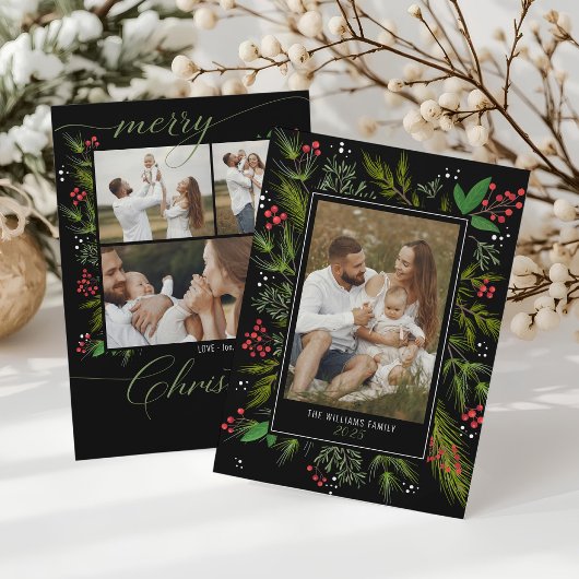 エレガントなブラッククリスマスの緑のリース4枚の写真 シーズンカード