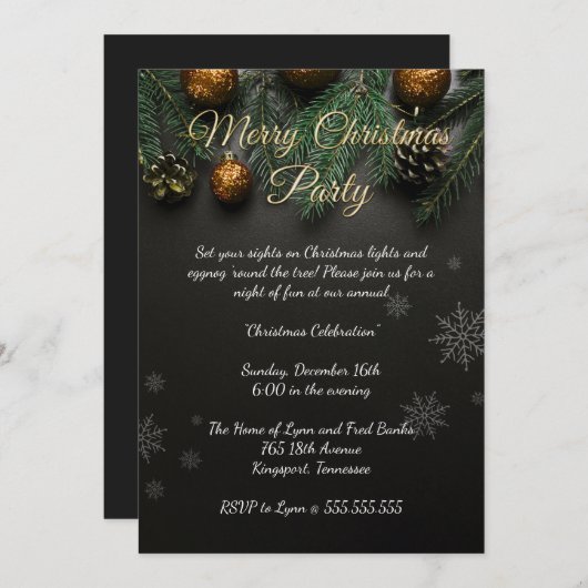 エレガントなブラッククリスマスパーティー 招待状 (正面/裏面)
