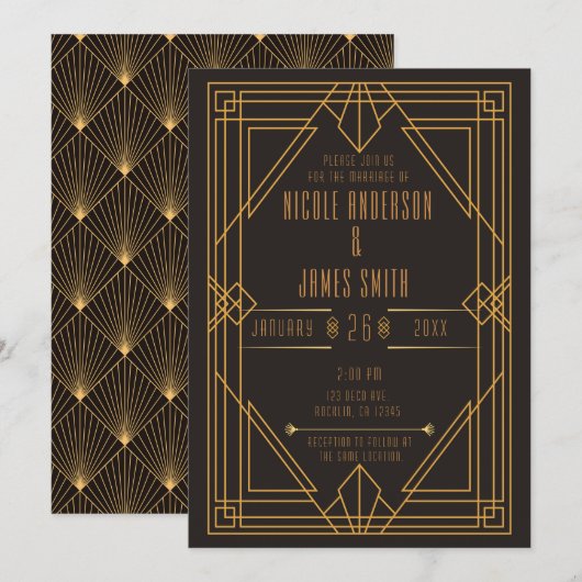 エレガントなブラックゴールドのアートデコウェディング 招待状 (正面/裏面)