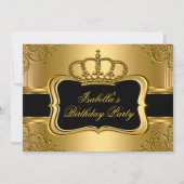 エレガントなブラックゴールドのクラウンフラワーバースデーパーティー3 招待状 (正面)