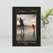 エレガントなブラックゴールドのクリスマス家族写真　楽しい シーズンカード (スタンド正面)