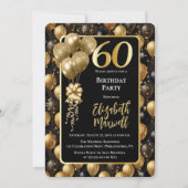 エレガントなブラックゴールドのグリッターバルーン 60歳の誕生日 招待状 (正面)