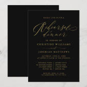 エレガントなブラックゴールドのスクリプト結婚式リハーサルディナー 招待状 (正面/裏面)