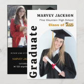 エレガントなブラックゴールドのスクリプト4枚の写真で卒業を祝う 招待状 (正面/裏面)