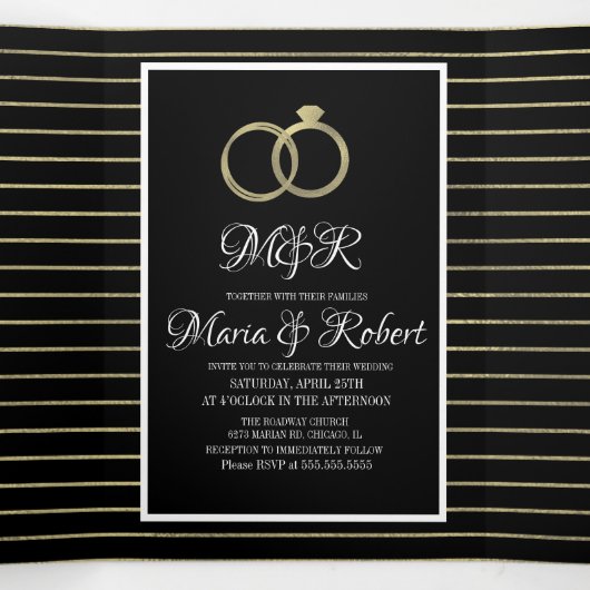 エレガントなブラックゴールドのストライプ箔婚礼 三つ折り招待状 (内部中)