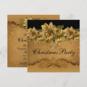エレガントなブラックゴールドのポインセチア ゴールド クリスマスパーティー 招待状 (正面/裏面)