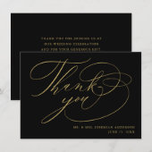 エレガントなブラックゴールドのモダンスクリプトウェディング サンキューカード (正面/裏面)
