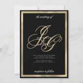 エレガントなブラックゴールドのモノグラムイニシャル結婚式 招待状 (正面)