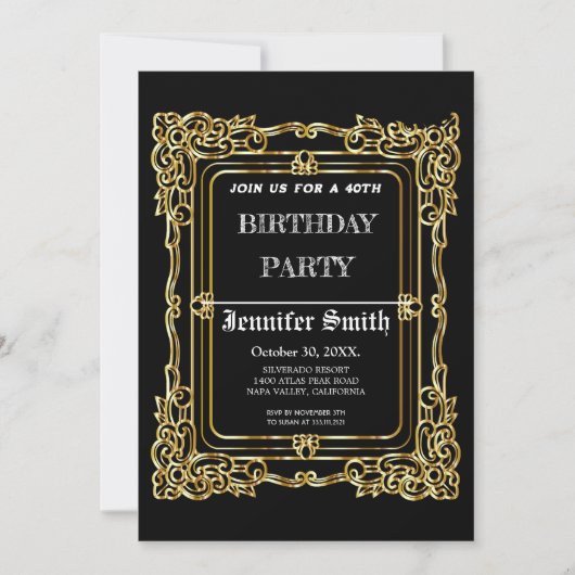 エレガントなブラックゴールドのヴィンテージ40歳の誕生日招待状 招待状 (正面)