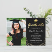 エレガントなブラックゴールドの写真卒業パーティー 招待状 (スタンド正面)