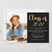 エレガントなブラックゴールドの卒業写真ハット 招待状 (正面)