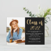 エレガントなブラックゴールドの卒業写真ハット 招待状 (スタンド正面)