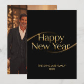 エレガントなブラックゴールドの新年家族写真ホリデー シーズンカード (正面/裏面)