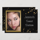 エレガントなブラックゴールドの星の写真 スイート16 招待状 (正面/裏面)