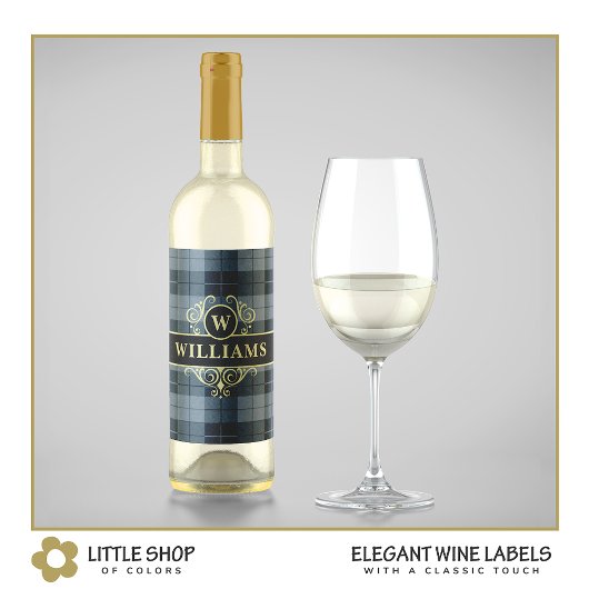 エレガントなブラックゴールドの格子柄モノグラム ワインラベル