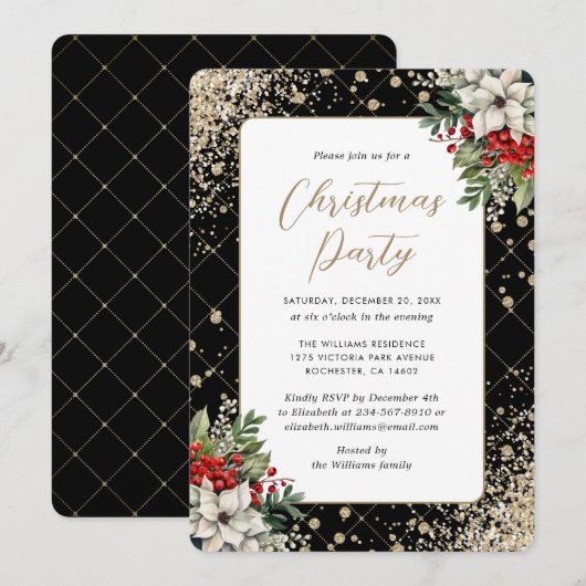 エレガントなブラックゴールドの植物モチーフのクリスマスパーティー 招待状 (正面/裏面)