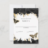 エレガントなブラックゴールドの花と蝶のキンチャネラ 出欠カード (正面)