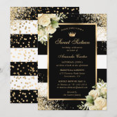 エレガントなブラックゴールドの花のスイートシックスティーンの誕生日 招待状 (正面/裏面)