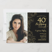 エレガントなブラックゴールドの花の写真 40歳の誕生日 招待状 (正面)