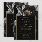 エレガントなブラックゴールドの花モチーフQRコード付き ブライダルシャワー招待状 招待状 (正面/裏面)