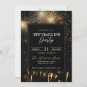 エレガントなブラックゴールドの花火 新年のパーティー 招待状 (正面)