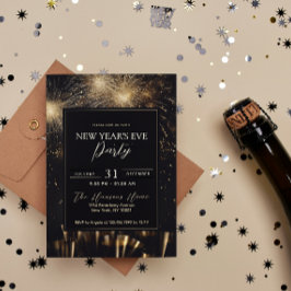 エレガントなブラックゴールドの花火　新年のパーティー 招待状