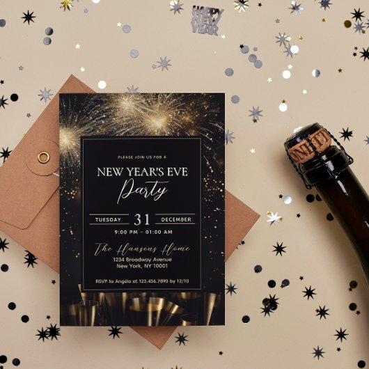 エレガントなブラックゴールドの花火 新年のパーティー 招待状