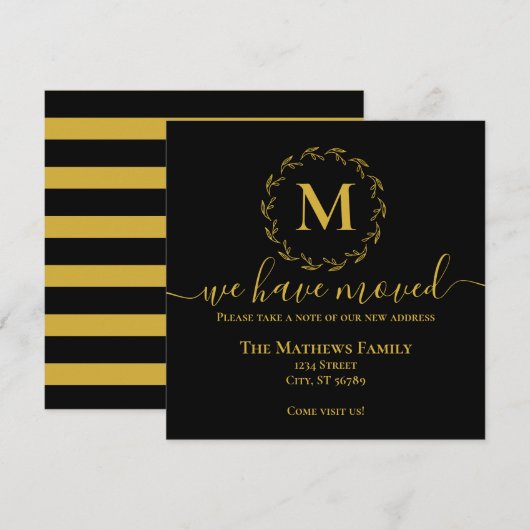 エレガントなブラックゴールドの花輪モノグラム　お引越ししました 案内状 (正面/裏面)