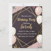 エレガントなブラックゴールドの風船 ピンクの誕生日 招待状 (正面)