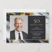エレガントなブラックゴールドアゲート写真 50歳の誕生日 招待状 (正面)