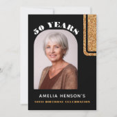 エレガントなブラックゴールドグリッター写真 50歳の誕生日 招待状 (正面)