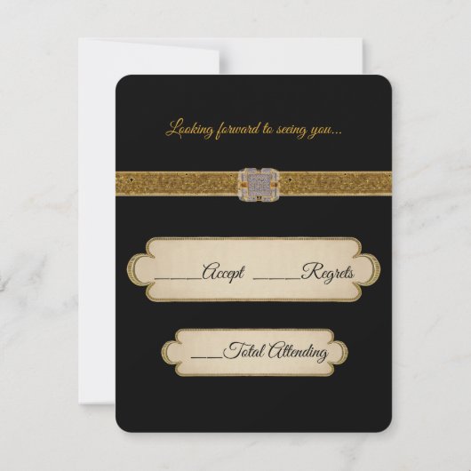 エレガントなブラックゴールドグリッター ブローチ 出欠カード (裏面)