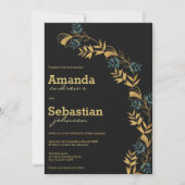 エレガントなブラックゴールドシアングリーン葉の結婚式 招待状 (正面)