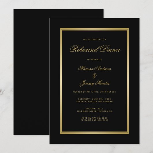 エレガントなブラックゴールドスクリプトのリハーサルディナー 招待状 (正面/裏面)
